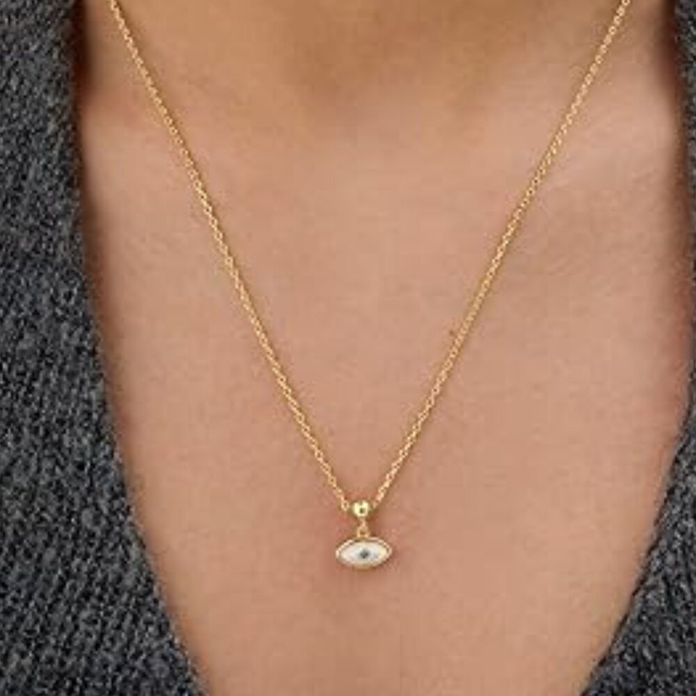 Neiman Marcus 14k Gold Plated White Evil Eye Mother of Pearl Necklace